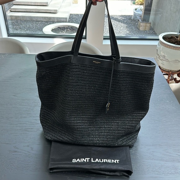 Saint Laurent Patti Large Leather-trimmed Black Raffia/Leather Tote - Picture 8 of 12
